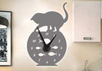 К0016В Креативные часы с наклейкой Кот рыболов серый